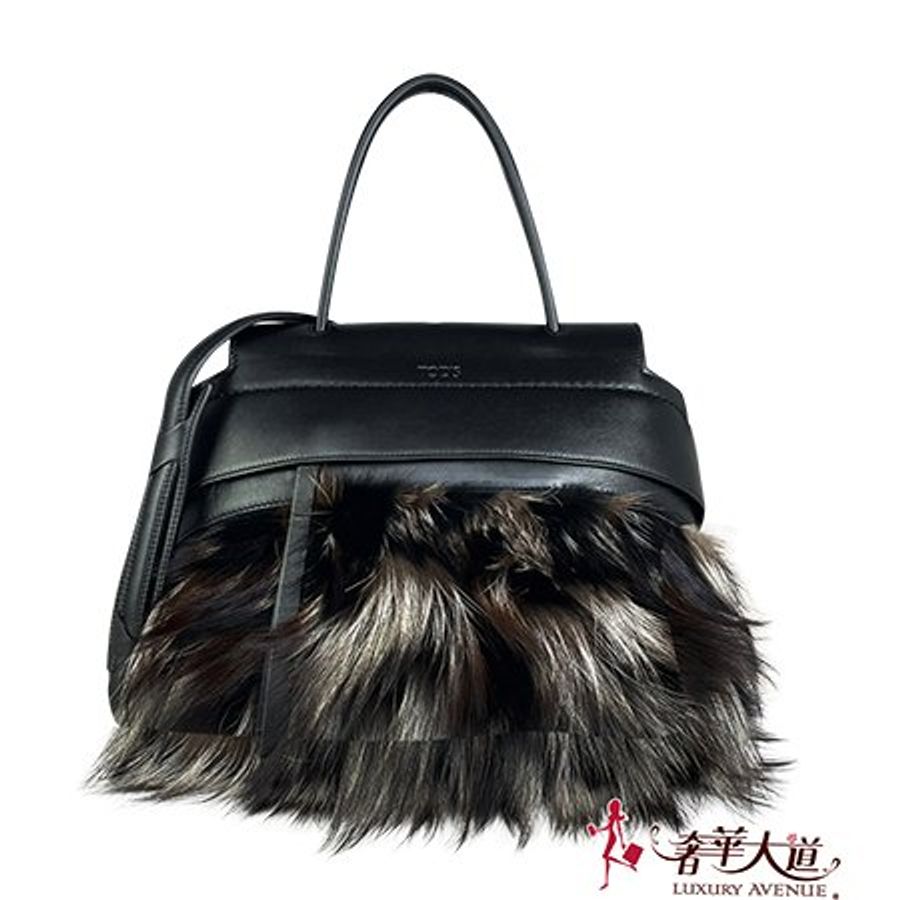 TODS黑色牛皮拼皮草WAVE BAG 系列手提/肩背二用包-0