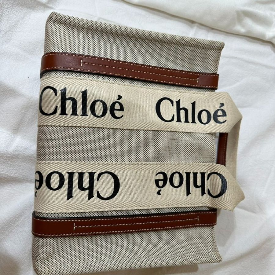 Chloe WOODY Small小號 棕色/原色 亞麻帆布 托特包 肩背包 手提包-1