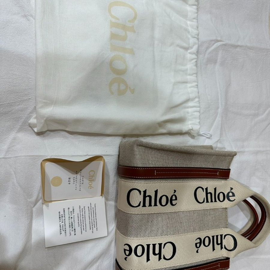 Chloe WOODY Small小號 棕色/原色 亞麻帆布 托特包 肩背包 手提包-0
