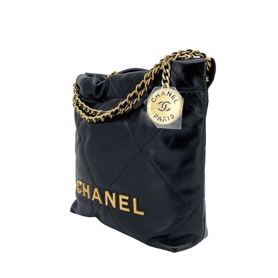 Chanel 新款22 mini Bag 金字菱格紋亮面小牛皮迷你斜背包(黑色)-1