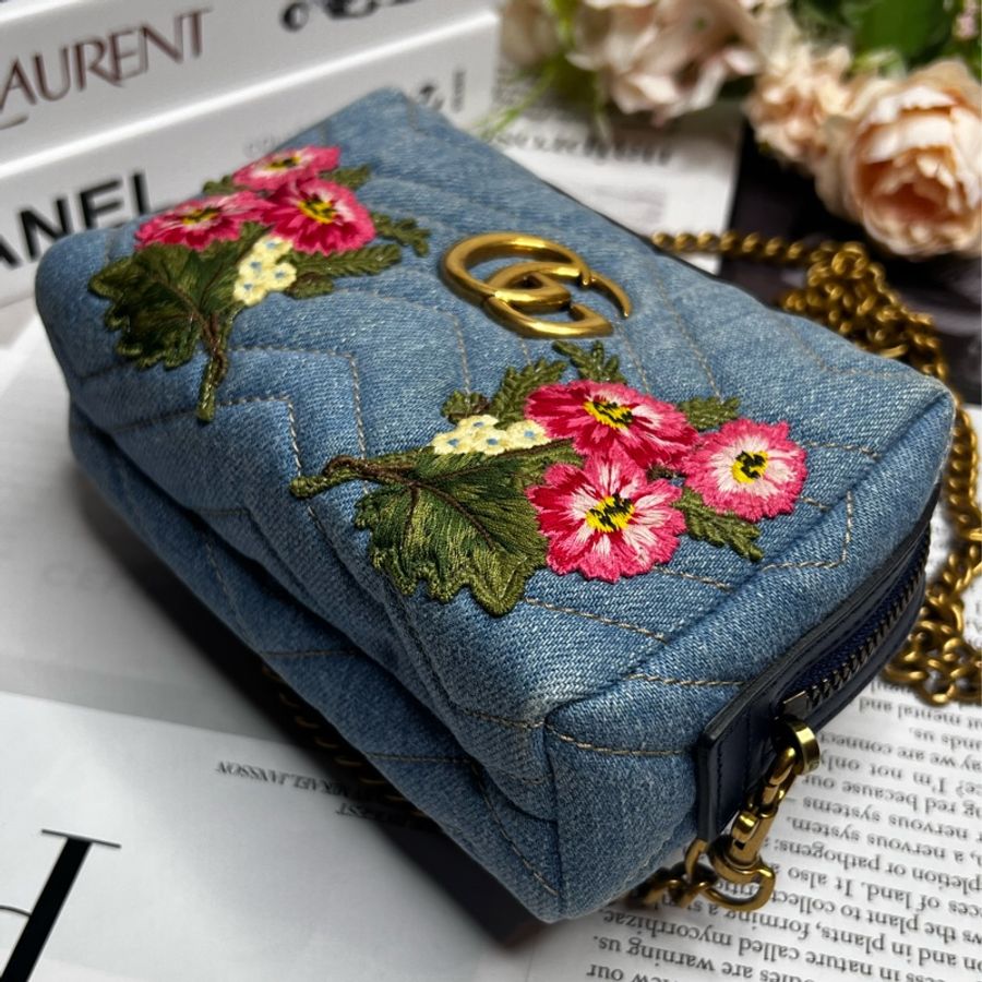 Gucci 古馳 牛仔刺繡化妝包《已改造可斜背》-7