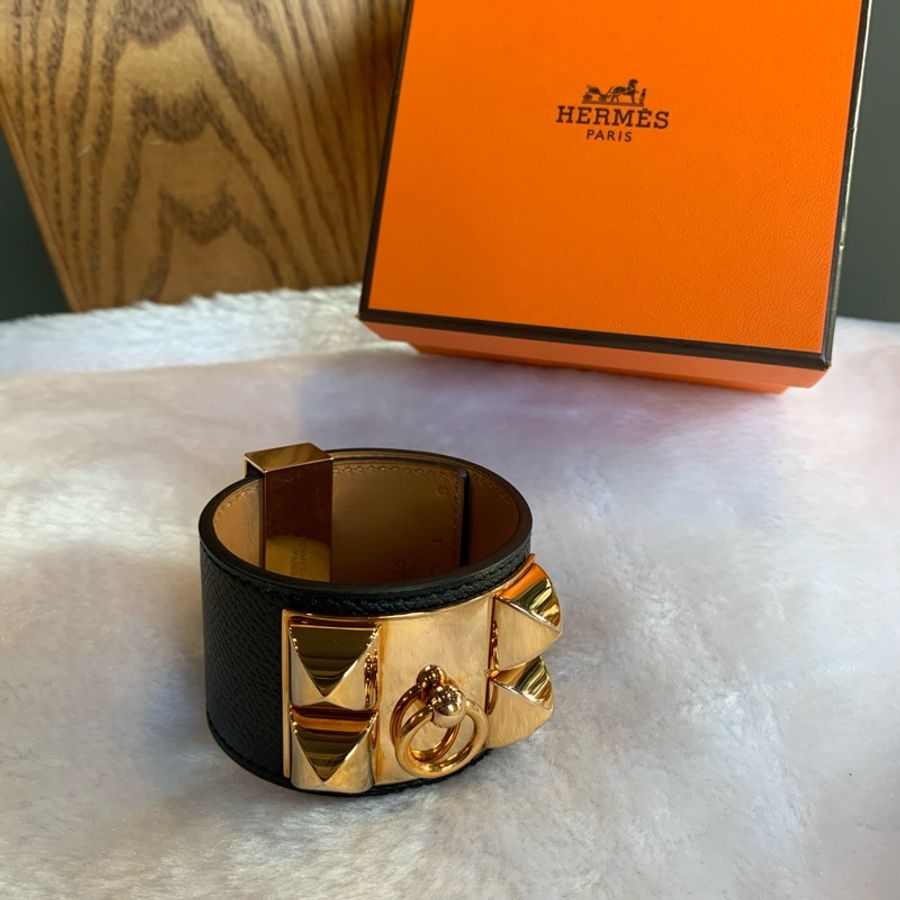 Hermès Epsom皮 鉚釘金釦CDC手環(S號)(黑色)-1