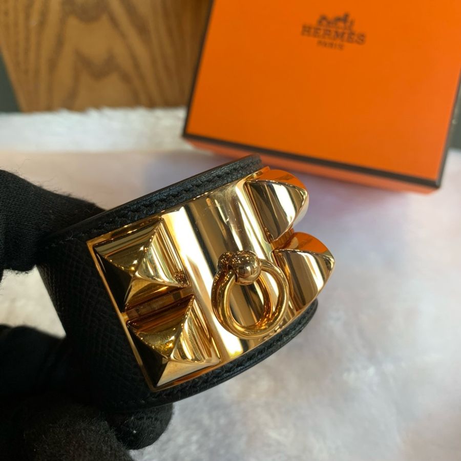 Hermès Epsom皮 鉚釘金釦CDC手環(S號)(黑色)-3