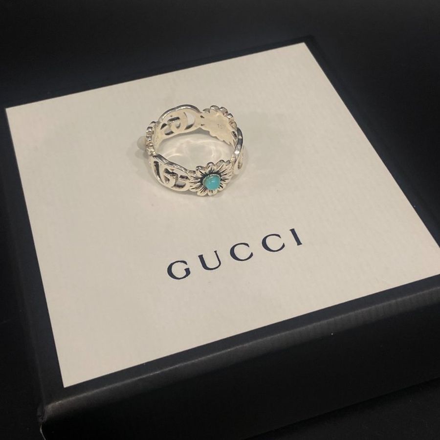 GUCCI 古馳 925純銀花朵水鑽戒指/飾品 #15-1