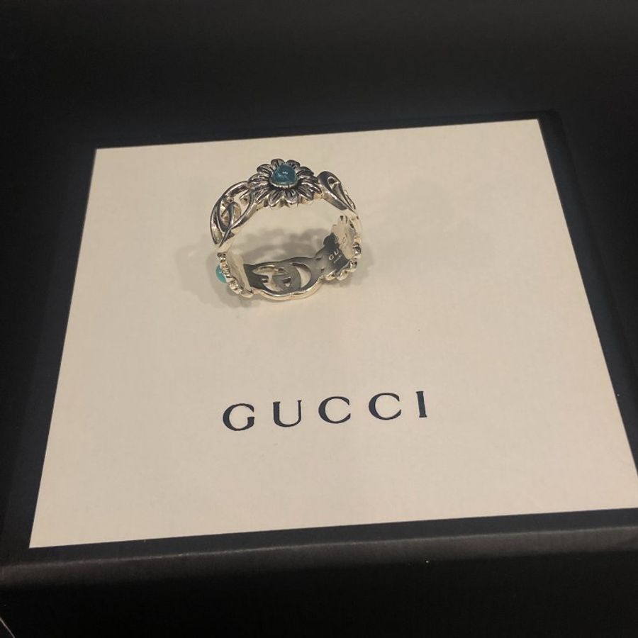 GUCCI 古馳 925純銀花朵水鑽戒指/飾品 #15-5