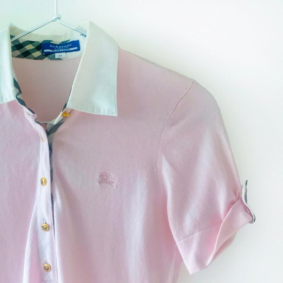 BURBERRY 藍標 白領短袖POLO衫 淺粉色 89%棉質 刺繡LOGO 金屬鈕扣 短袖上衣 反摺袖扣【壽司羊羊】二手衣-4