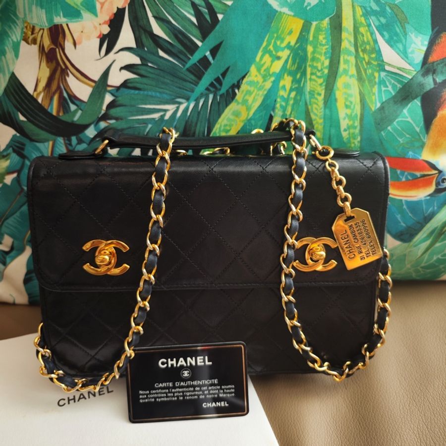 高稀 Chanel 老香 24k鍍金雙扣軍牌公文包小書包 卡標齊-0