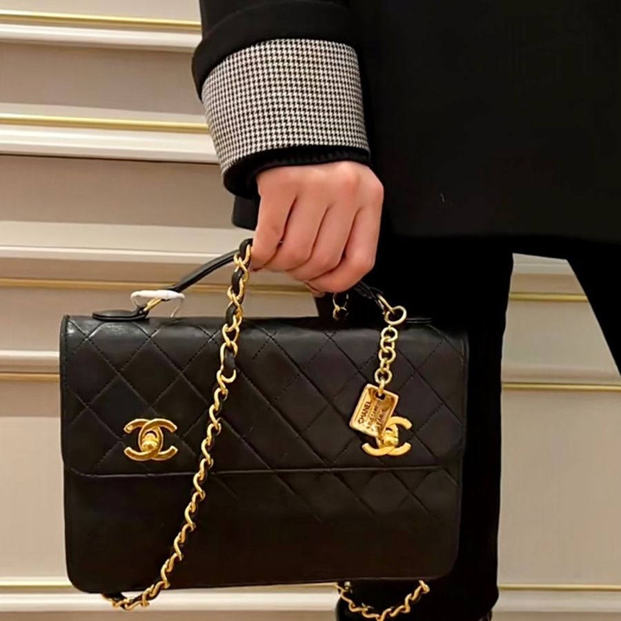 高稀 Chanel 老香 24k鍍金雙扣軍牌公文包小書包 卡標齊-10
