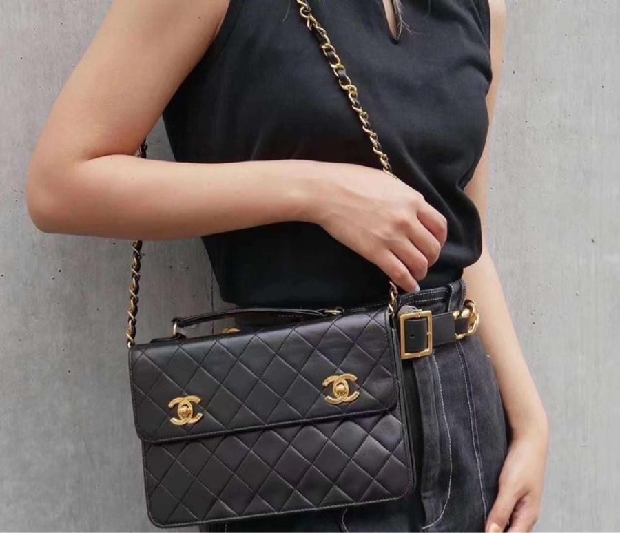 高稀 Chanel 老香 24k鍍金雙扣軍牌公文包小書包 卡標齊-11