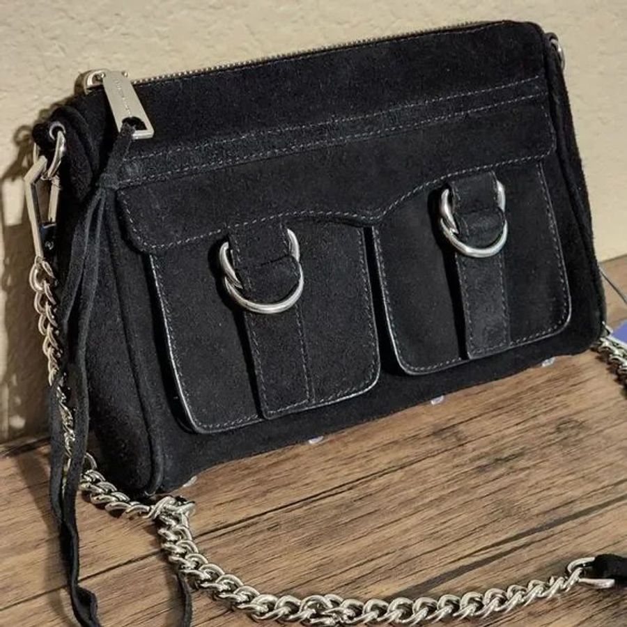 Rebecca Minkoff Cliffside Crossbody 黑色真皮麂皮材質  肩背斜背鏈條包 全新 現貨-8