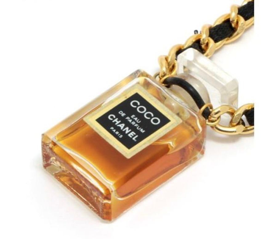 Chanel vintage香奈兒復古經典coco香水瓶造型金色黑色穿皮鏈條項鍊-0