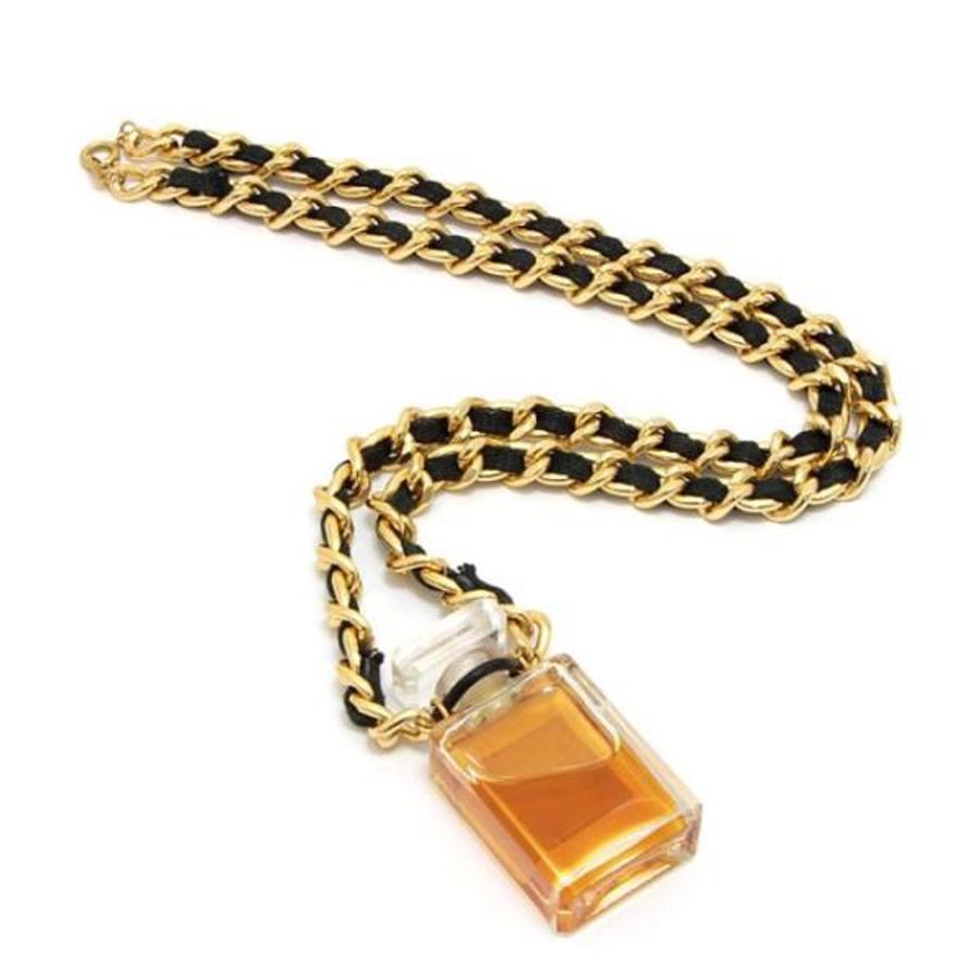 Chanel vintage香奈兒復古經典coco香水瓶造型金色黑色穿皮鏈條項鍊-2