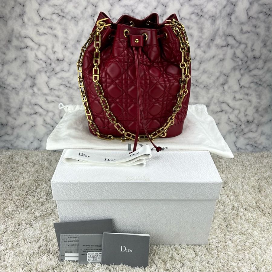 Dior 菱格紋羊皮鏈條⛓️水桶包 肩背包 斜背包 酒紅色 ⭕️購入價約14萬⭕️超甜價⭕️ ⭕️全新閒置品⭕️-0