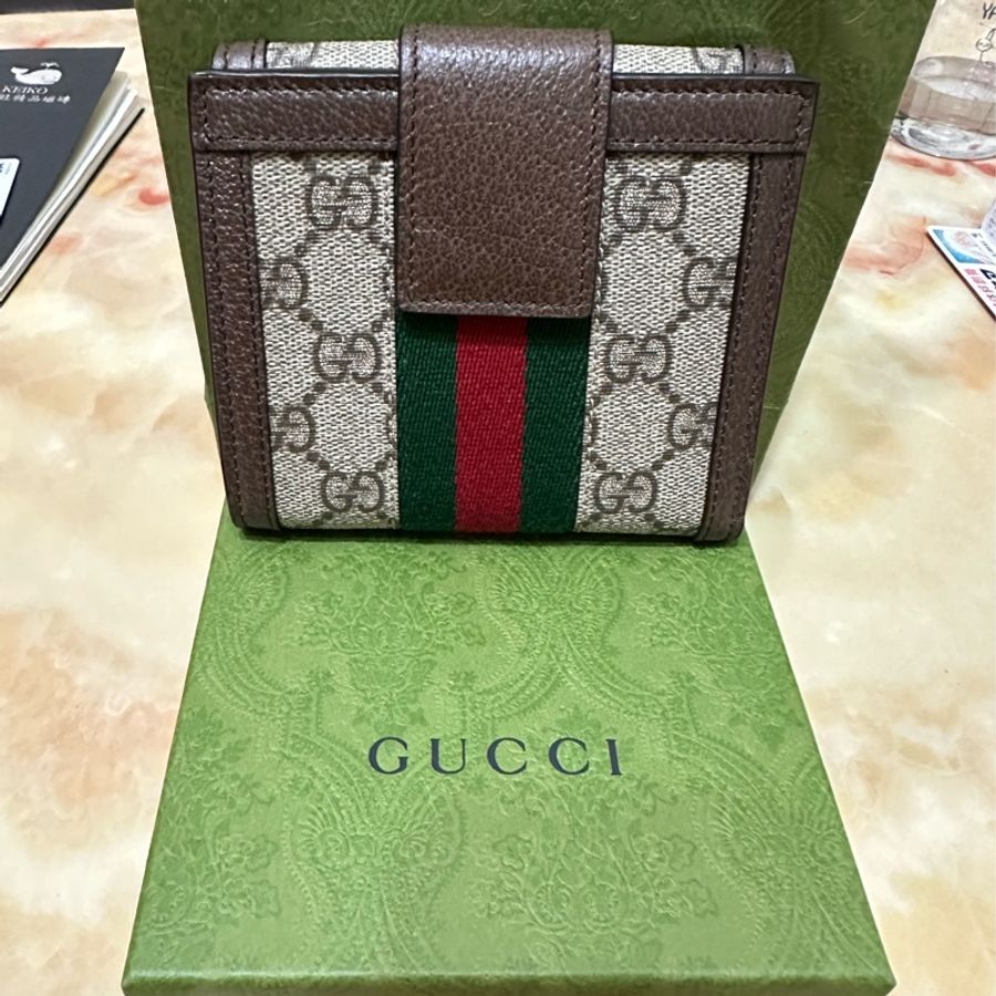 GUCCI 古馳 經典Ophidia GG印花帆布牛皮飾邊暗釦短夾(棕)-1
