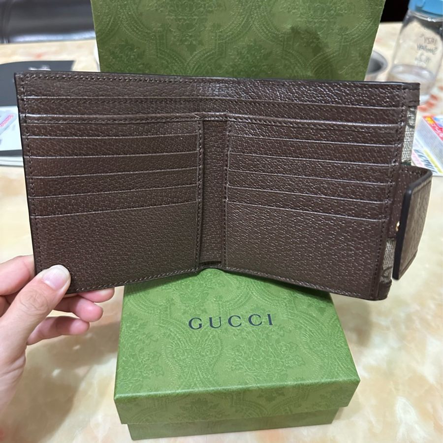 GUCCI 古馳 經典Ophidia GG印花帆布牛皮飾邊暗釦短夾(棕)-3