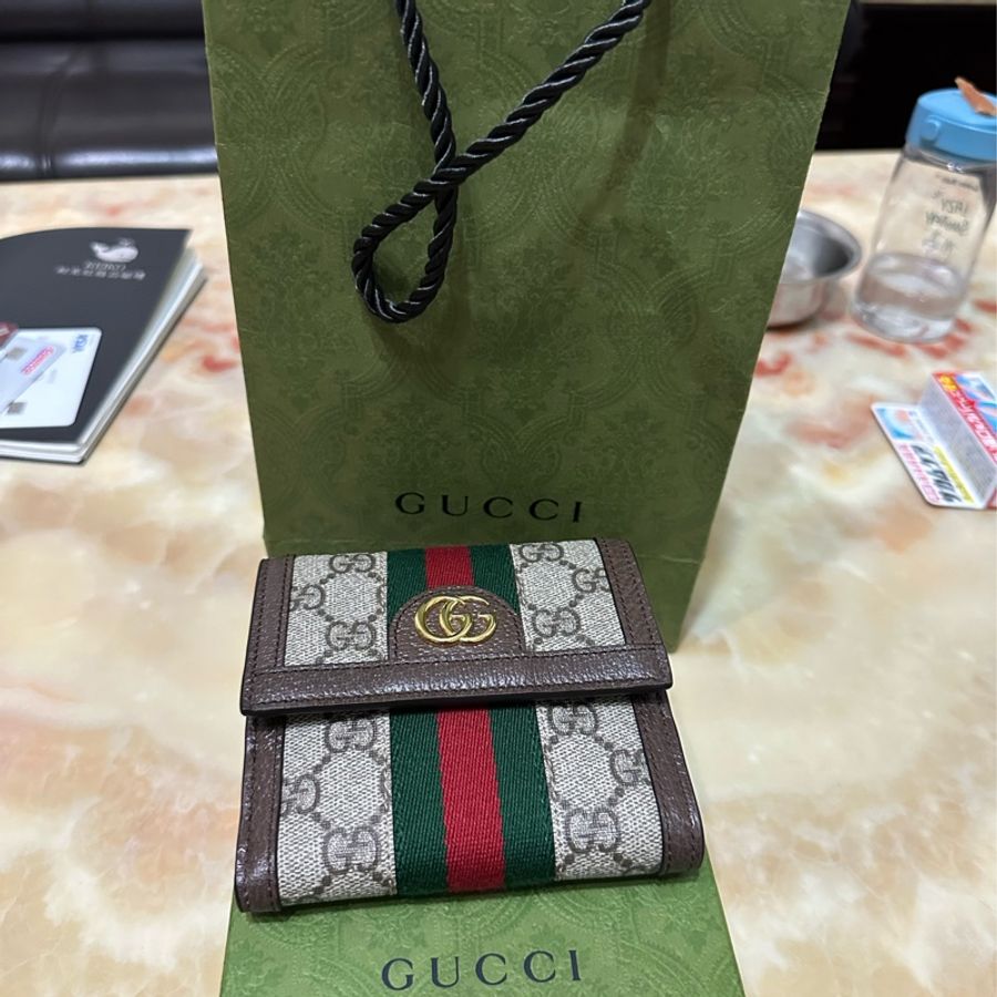 GUCCI 古馳 經典Ophidia GG印花帆布牛皮飾邊暗釦短夾(棕)-8