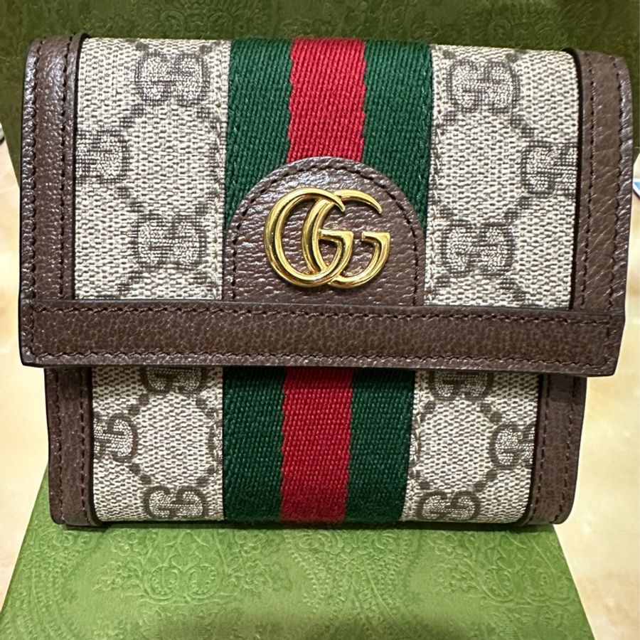GUCCI 古馳 經典Ophidia GG印花帆布牛皮飾邊暗釦短夾(棕)-9