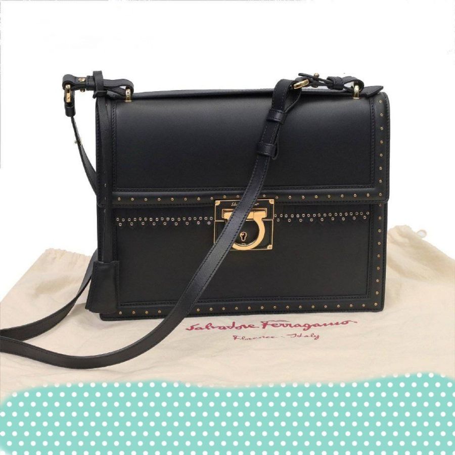 Salvatore Ferragamo 黑色馬蹄釦小牛皮手提肩揹包-0