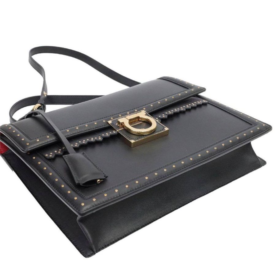 Salvatore Ferragamo 黑色馬蹄釦小牛皮手提肩揹包-3