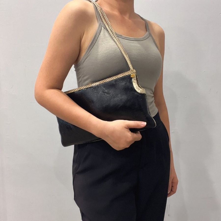 VERSACE 凡賽斯 黑色亮面 拼蛇皮肩帶/肩背包-6