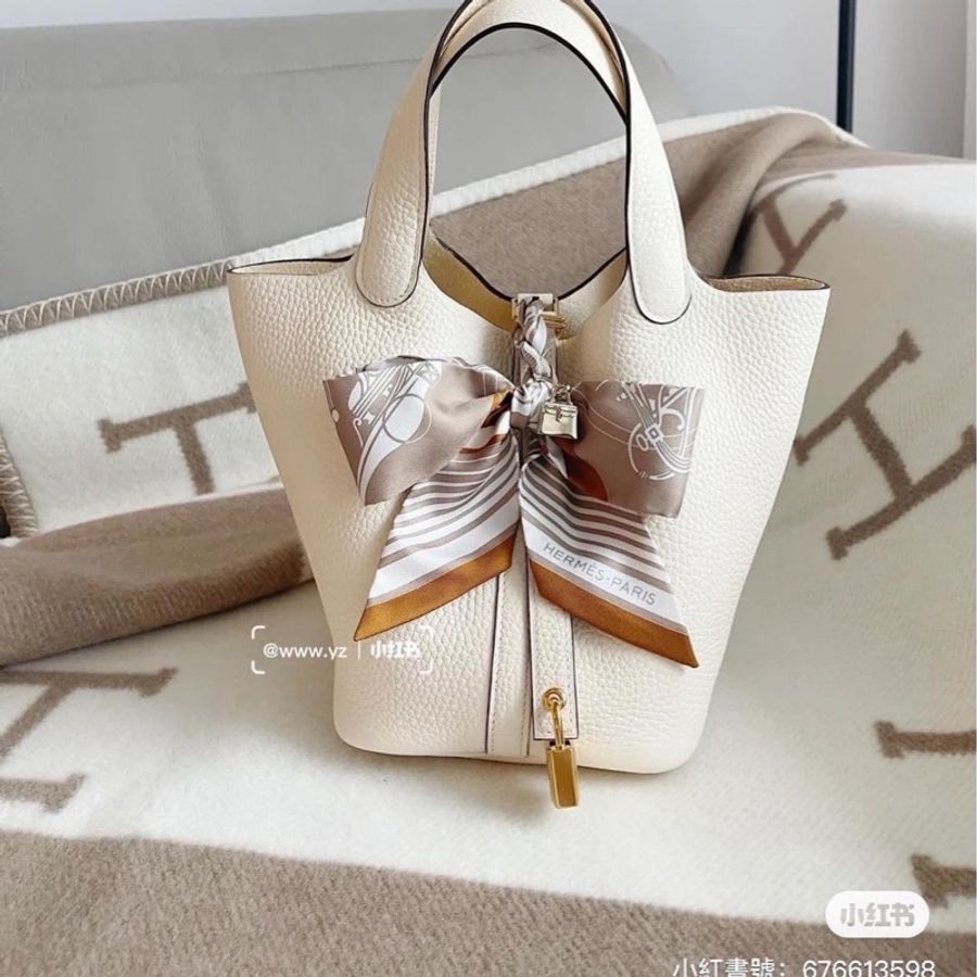 近全新全配✨天菜愛馬仕Hermes Picotin 18 奶昔白菜籃子配金釦-10
