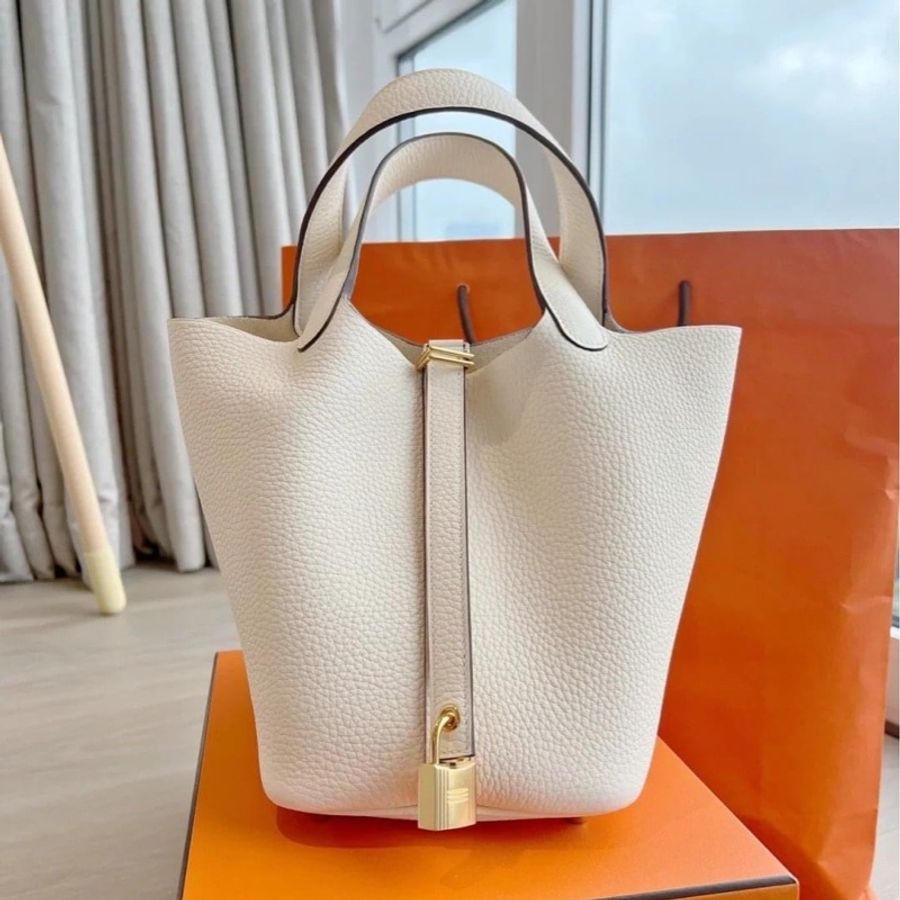 近全新全配✨天菜愛馬仕Hermes Picotin 18 奶昔白菜籃子配金釦-12
