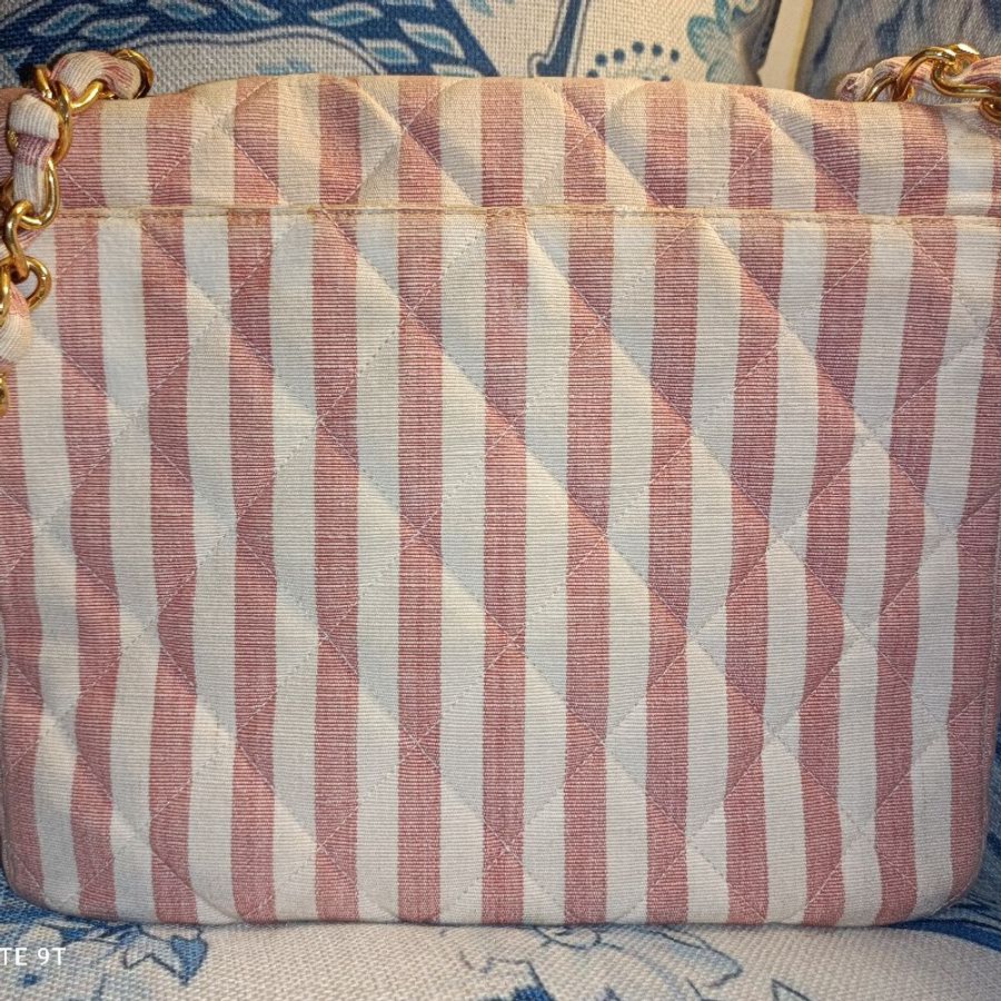 Chanel vintage粉橘條紋帆布內襯小羊皮大方胖大logo包-1