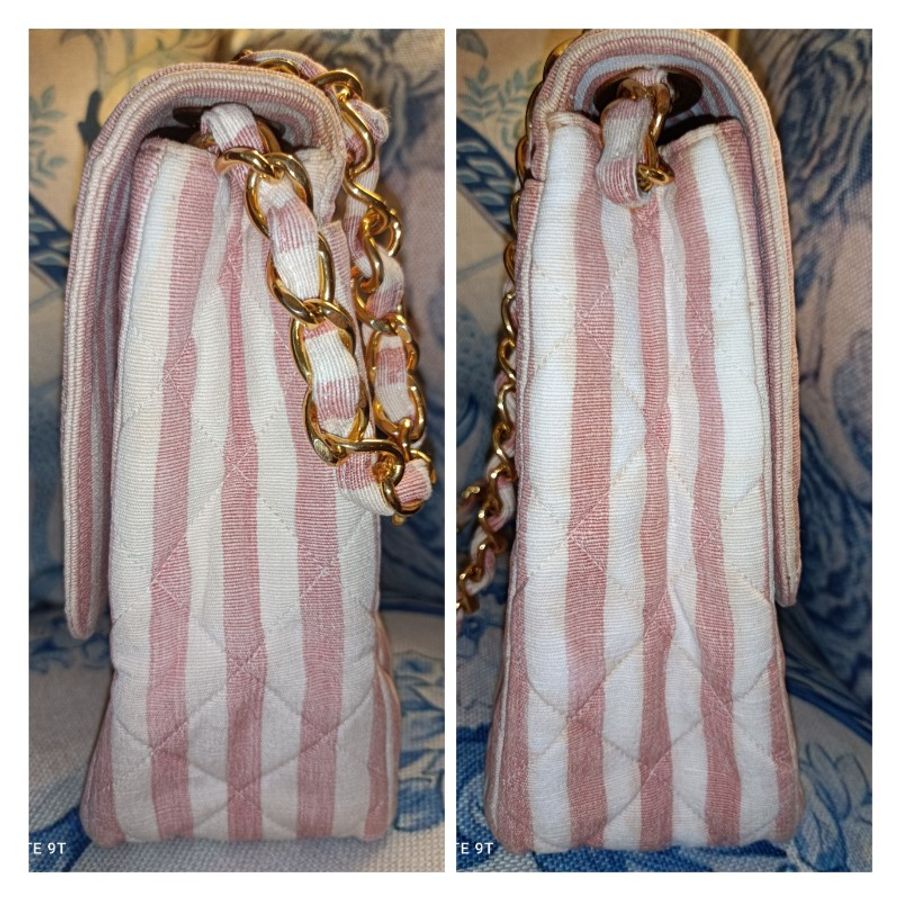 Chanel vintage粉橘條紋帆布內襯小羊皮大方胖大logo包-2
