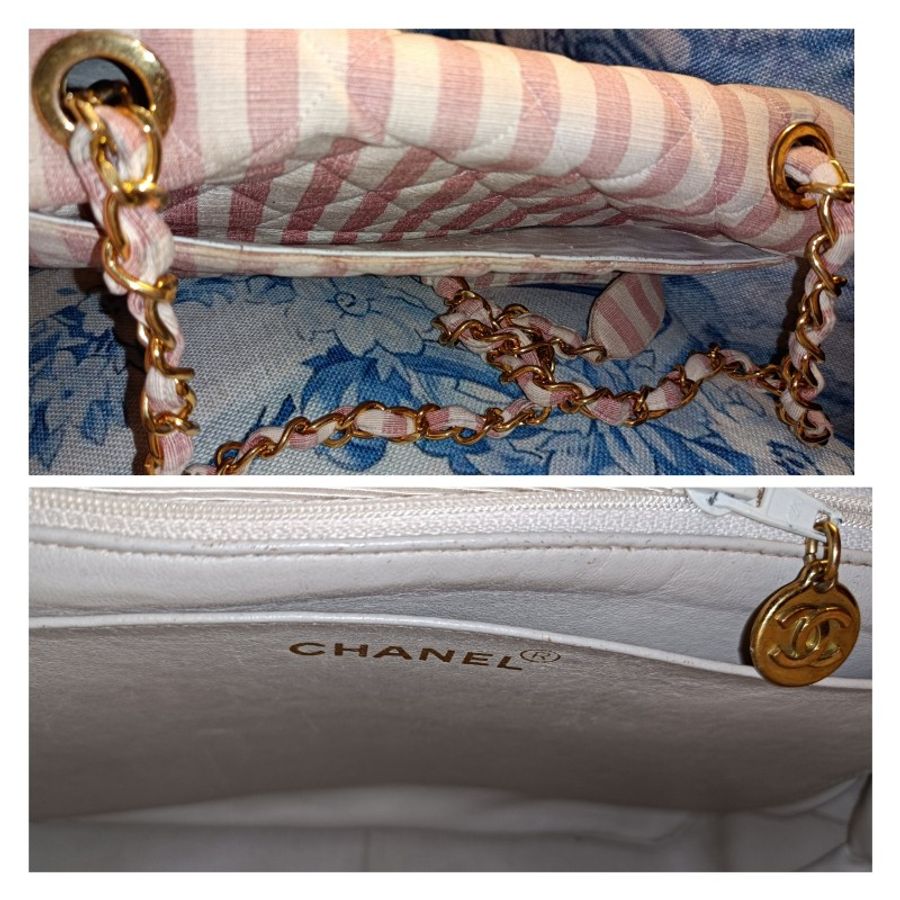 Chanel vintage粉橘條紋帆布內襯小羊皮大方胖大logo包-3