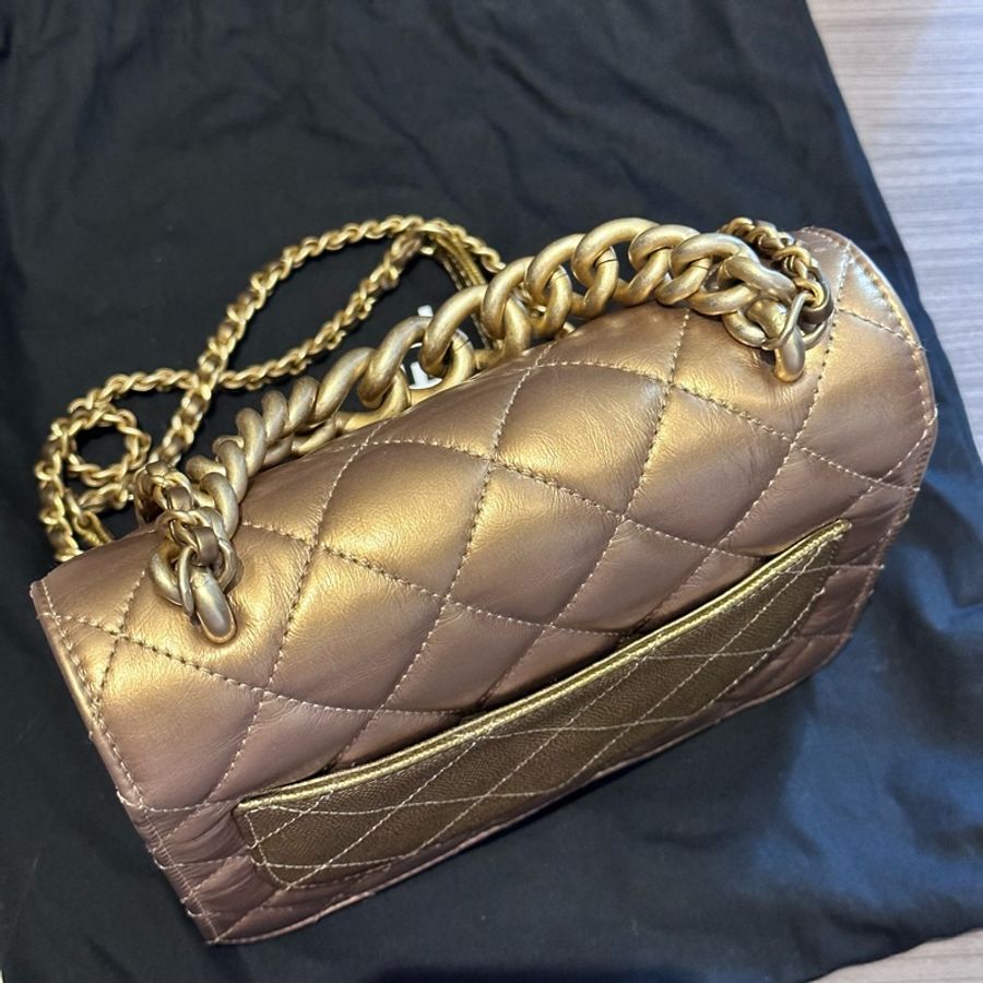 Chanel 金色方胖手提鍊包/斜背側背肩背鏈包/郵差包-6