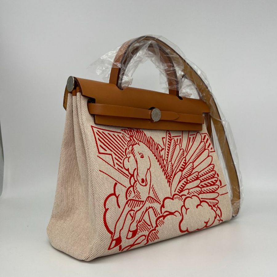 【Hermes】Herbag Zip 31 限定飛馬米色帆布x棕色牛皮手提肩背包-2