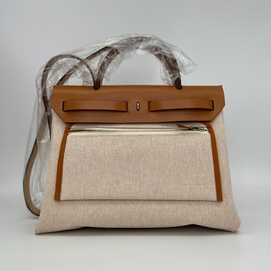 【Hermes】Herbag Zip 31 限定飛馬米色帆布x棕色牛皮手提肩背包-3