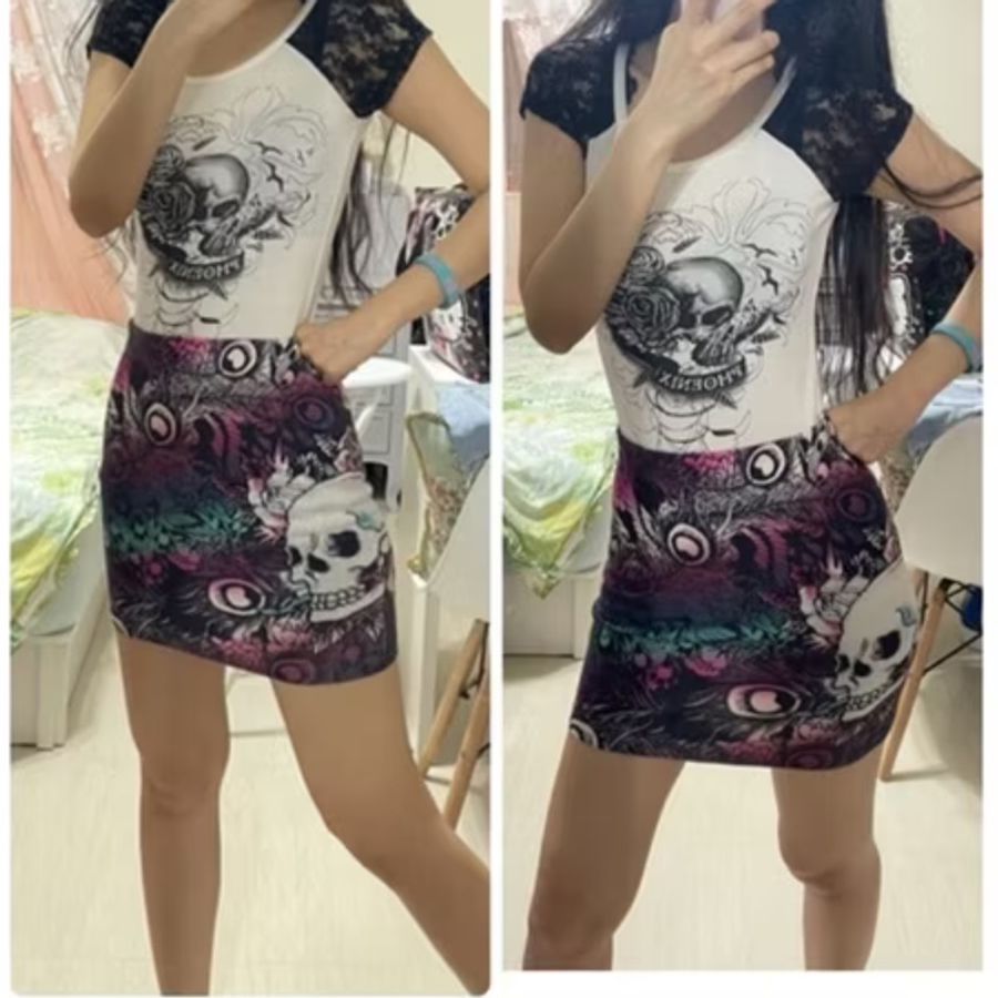 共五款-美國潮牌ED HARDY老虎頭標誌愛殺骷髏頭玫瑰彩色塗鴉貼鑽連身長裙 連身裙 洋裝 短裙 外套-12