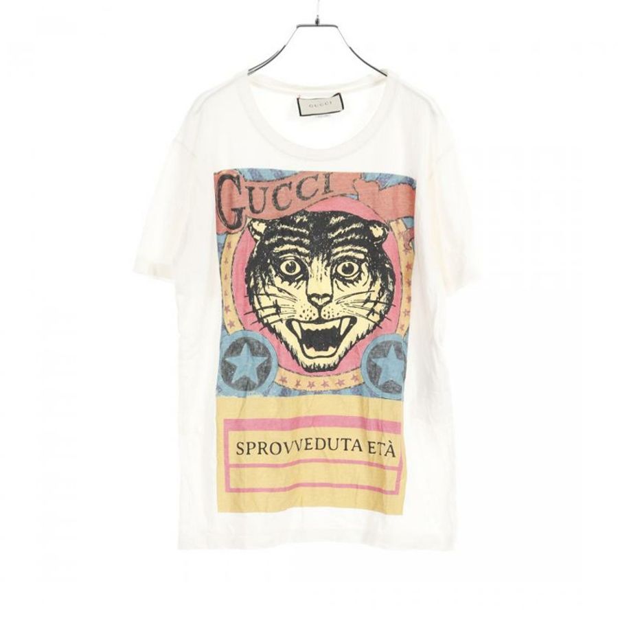 【日本直送】 GUCCI T-shirt cotton white multicolor tiger print damage processing-0
