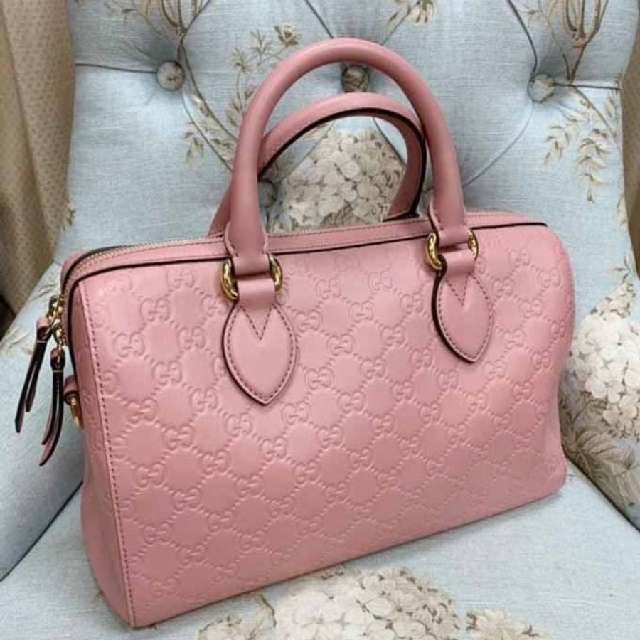 Gucci 甜美粉色皮革GG logo壓紋波士頓包-2