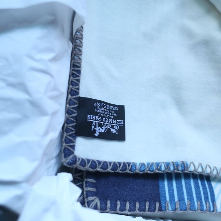 全新折價 Hermes 愛馬仕 棕櫚樹 Palmarum Fortunei blanket羊毛毯 大象灰/蔚藍-5