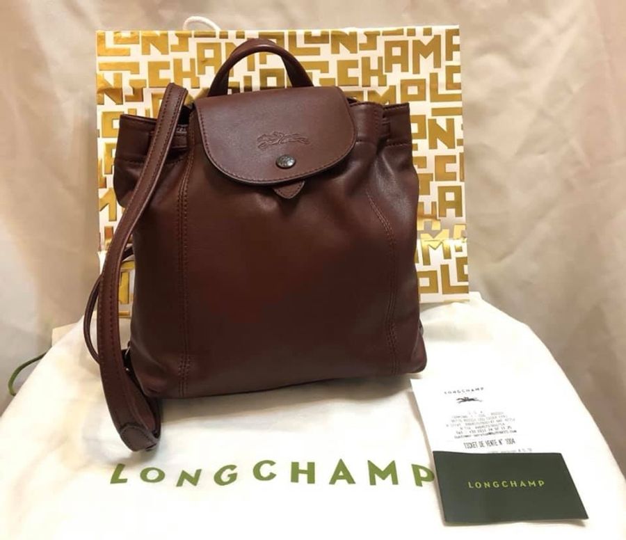 正近新Longchamp小羊皮後背包LE PLIAGE CUIR XS酒紅色可放長夾(兩用包手提包斜背包尼龍折疊包黑色全新二手long champ法國中製lv-0