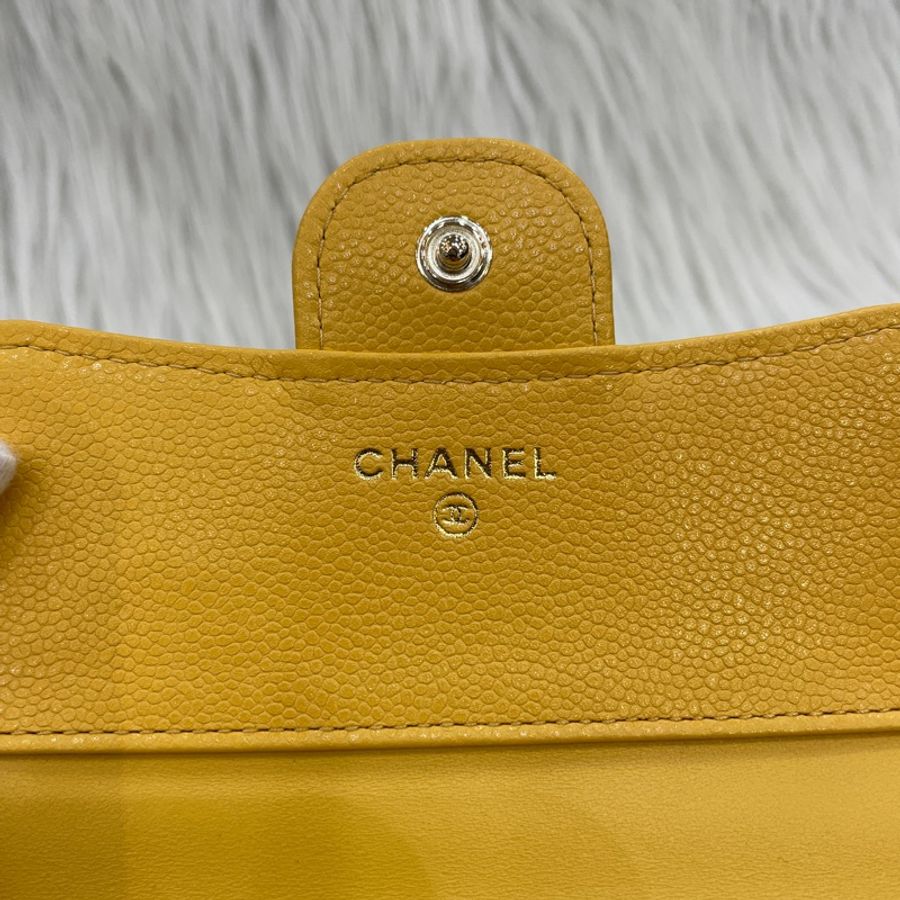 Chanel薑黃荔枝皮淡金釦CF三折短夾-10