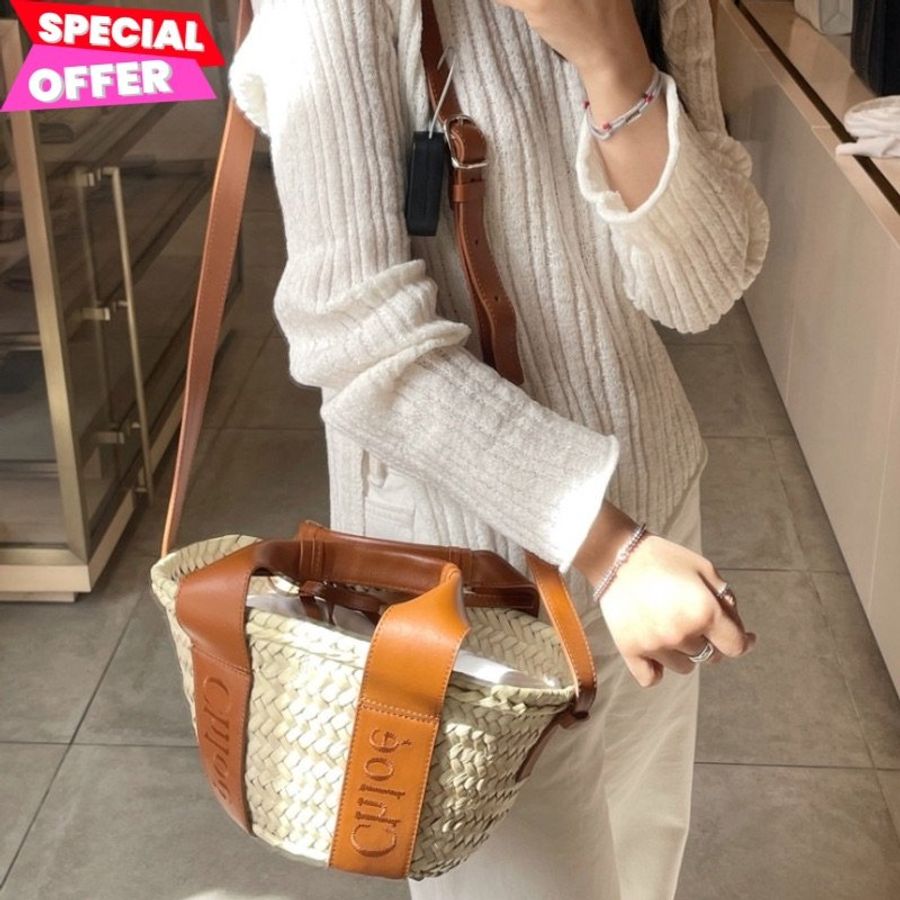 🌿春季限時降價🌿Chloe Sense 小款皮革飾帶草編包 焦糖色/付長肩帶-0