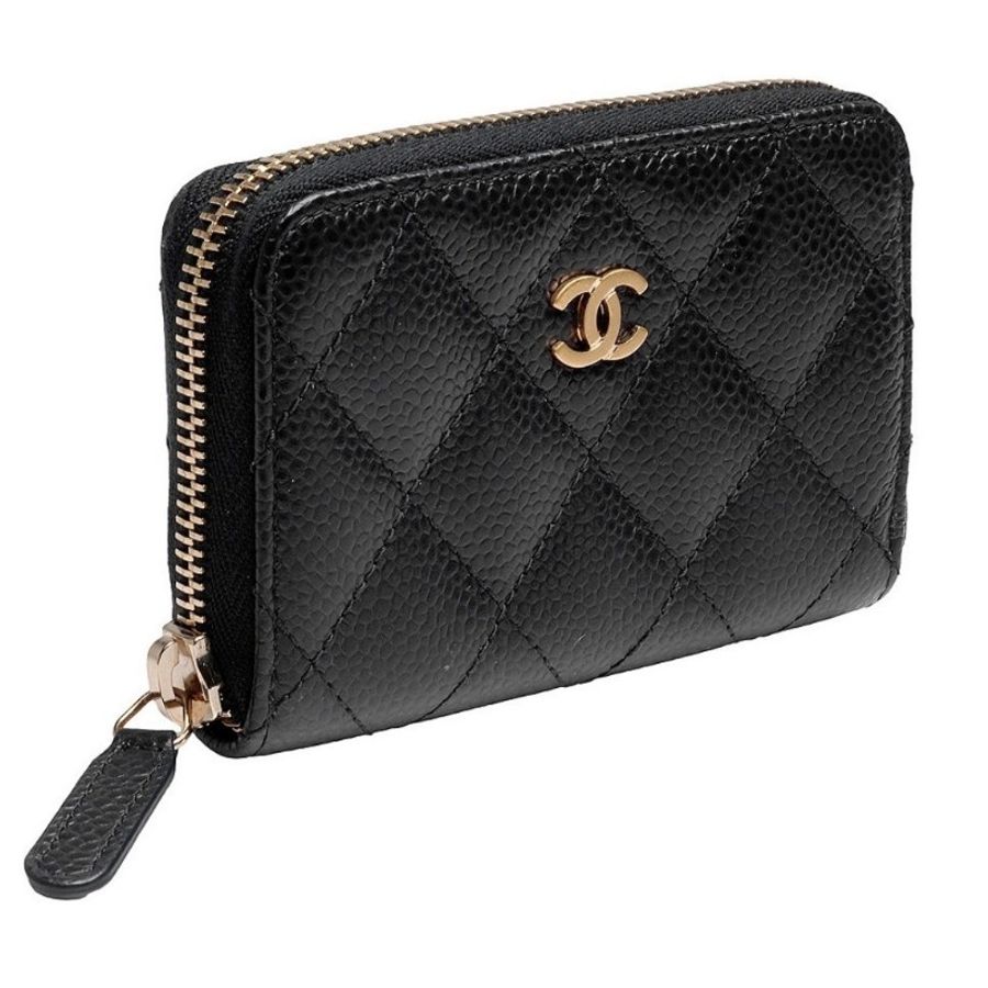 CHANEL#香奈兒#經典菱格紋#荔枝紋小 牛皮金色小香LOGO拉鍊#零錢包(黑X酒紅-6