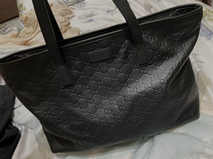 全新 Gucci 雙G緹花壓紋 全牛皮 黑色 托特包-7