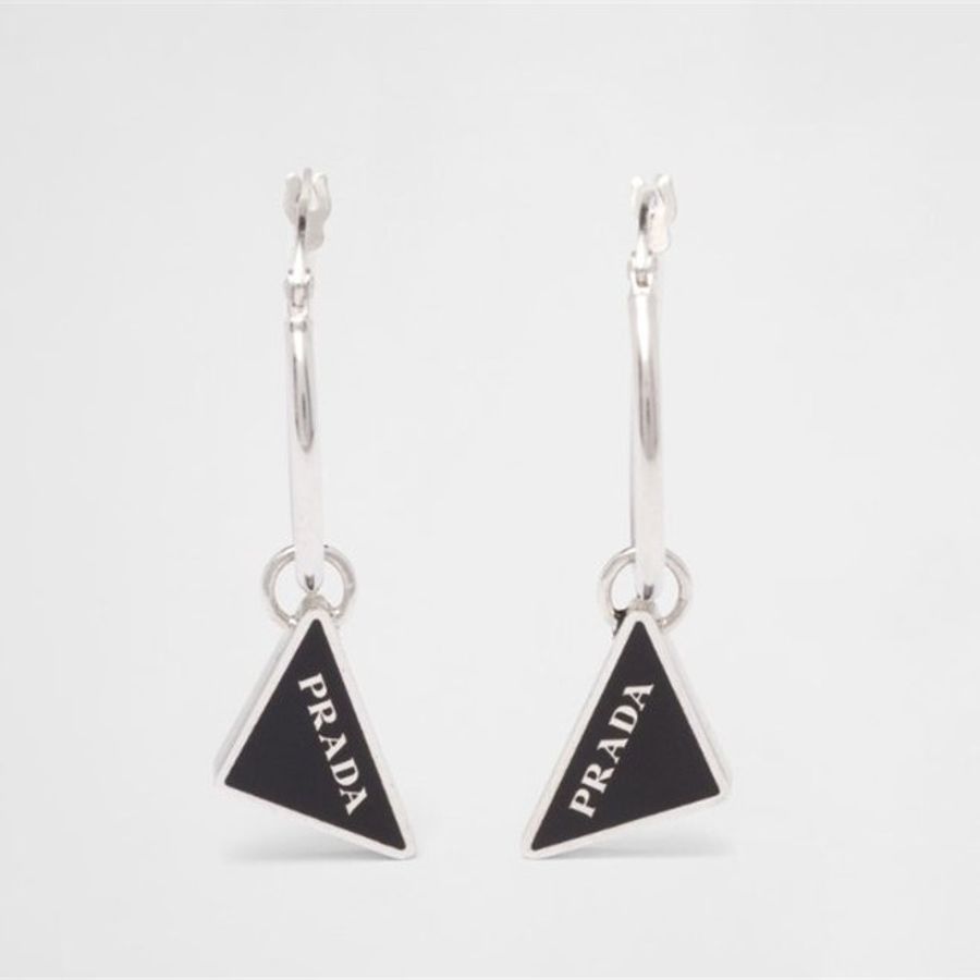 【預購】Prada Smalto Jewels 三角形標誌 LOGO 垂墜耳環 黑色 925純銀-4