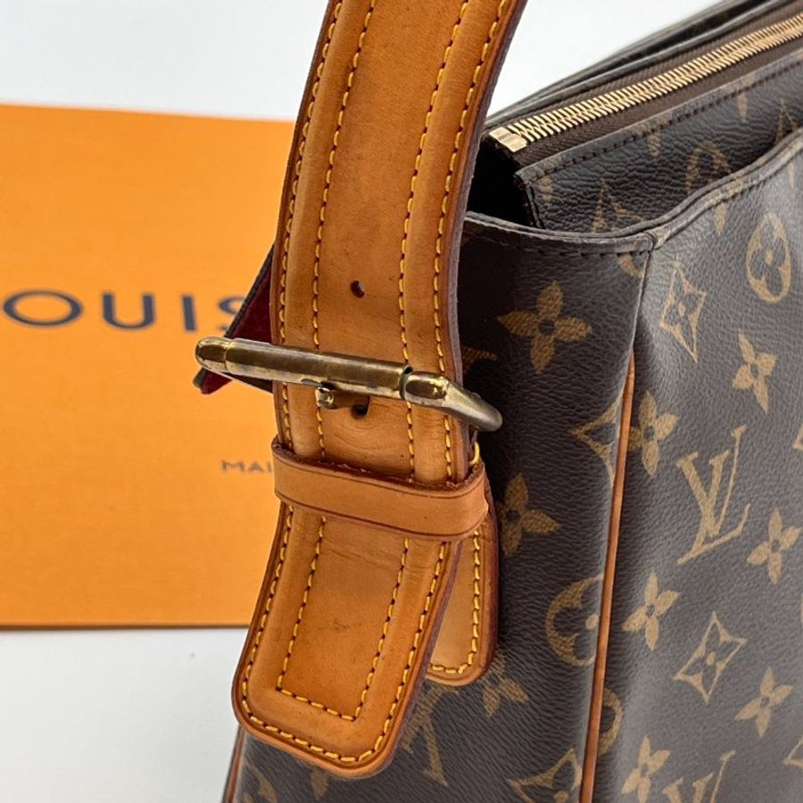 Louis Vuitton LV 老花字紋 雙口袋 大款 駱駝肩背包-7