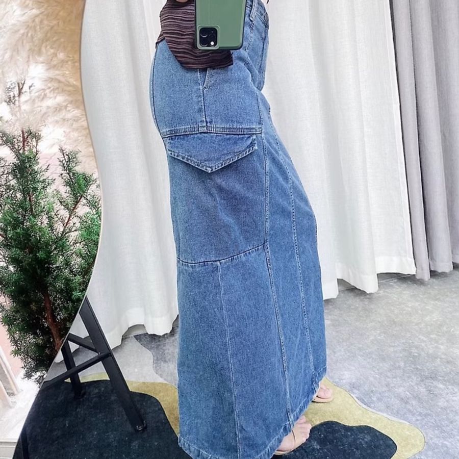 寶靛藍大口袋青澀時光 單寧牛仔A字裙下身 裙長裙 skirt-0