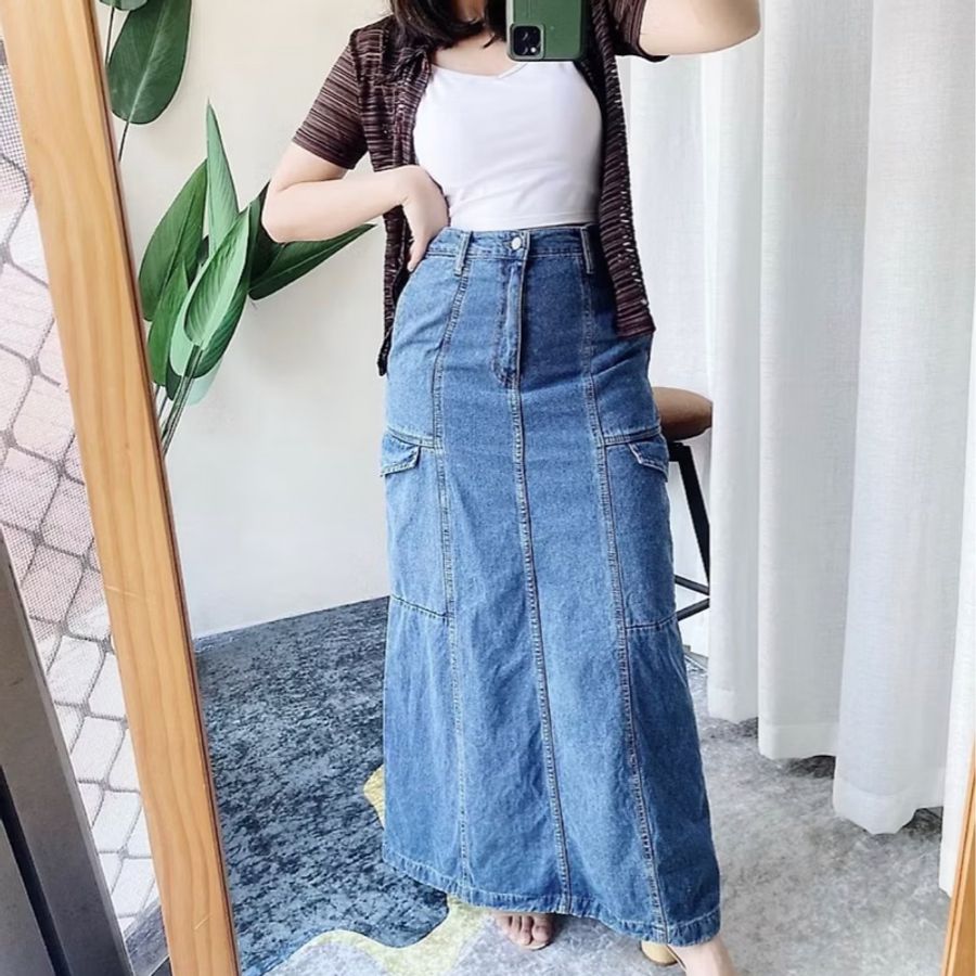 寶靛藍大口袋青澀時光 單寧牛仔A字裙下身 裙長裙 skirt-1