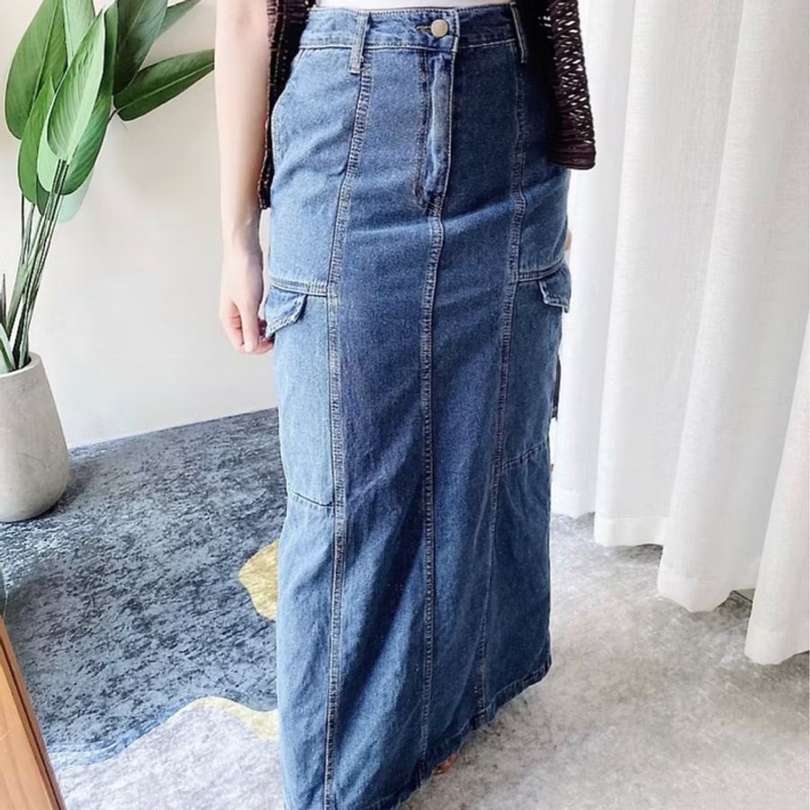 寶靛藍大口袋青澀時光 單寧牛仔A字裙下身 裙長裙 skirt-2