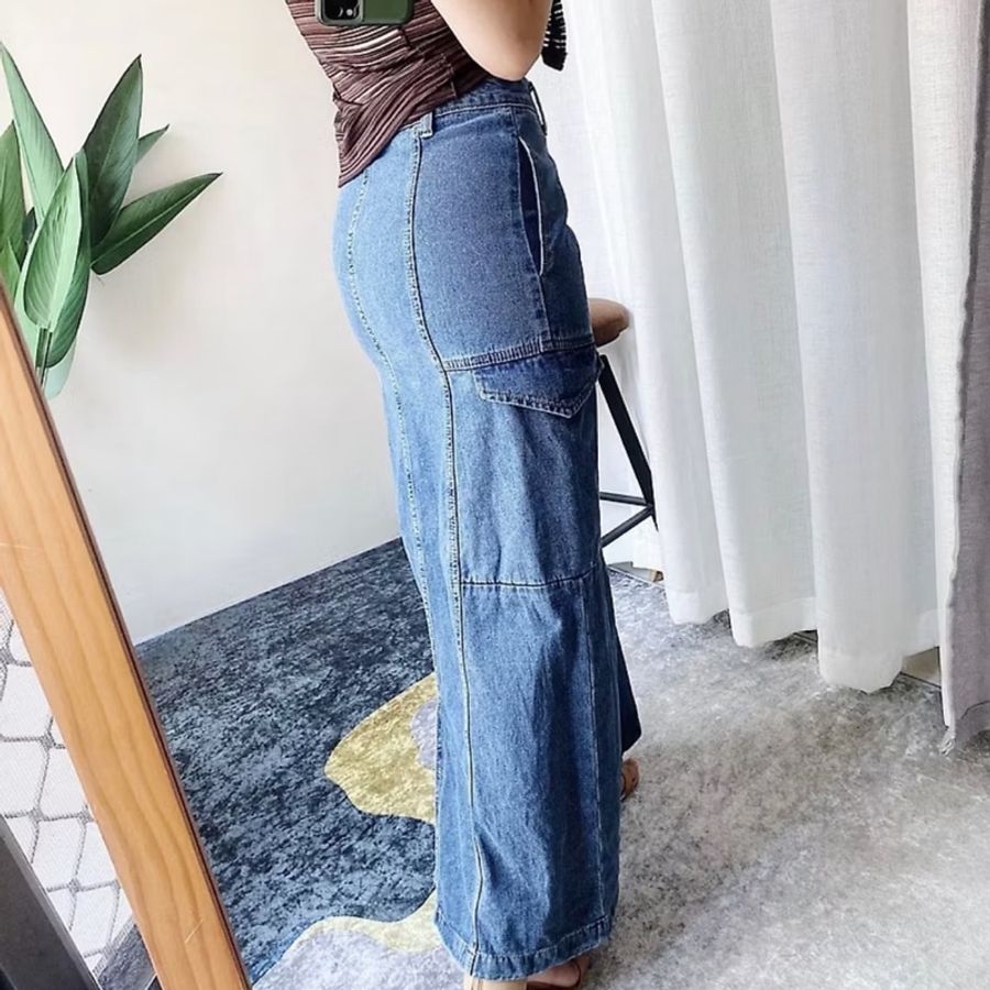 寶靛藍大口袋青澀時光 單寧牛仔A字裙下身 裙長裙 skirt-3