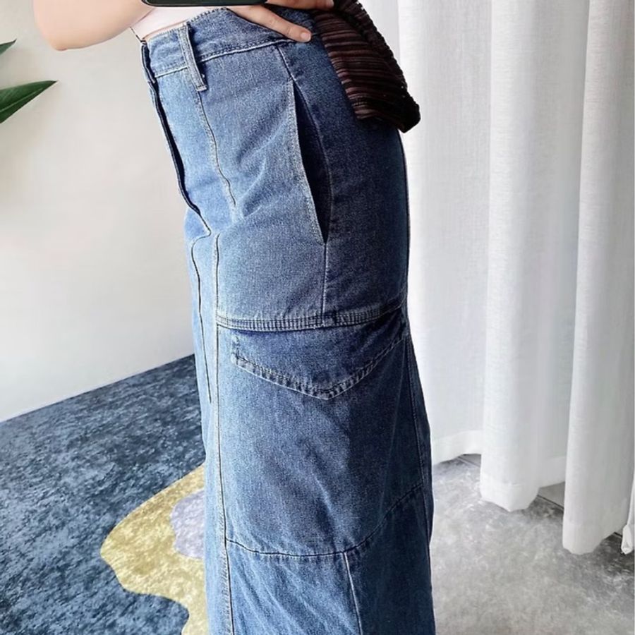寶靛藍大口袋青澀時光 單寧牛仔A字裙下身 裙長裙 skirt-4