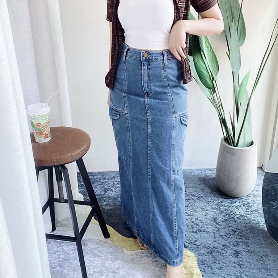 寶靛藍大口袋青澀時光 單寧牛仔A字裙下身 裙長裙 skirt-6