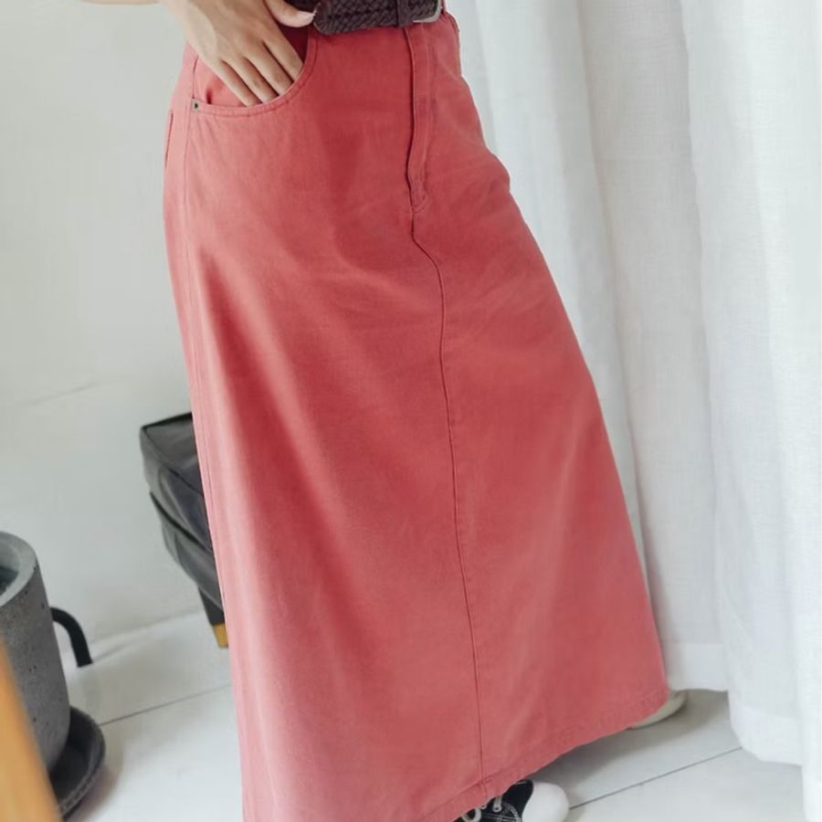 湖粉薄霧青春戀愛郊遊季節 古董棉質牛仔單寧直筒A字包裙 skirt-5